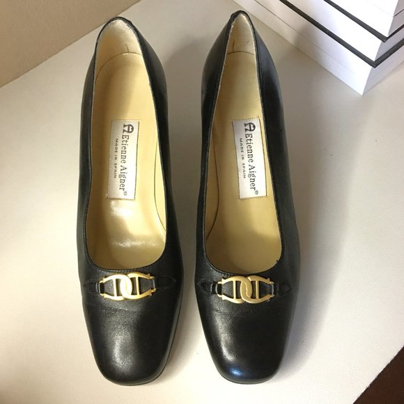 ETIENNE AIGNER Black Leather "Monte Carlo" Block Heel Pumps   7M - Picture 4 of 14